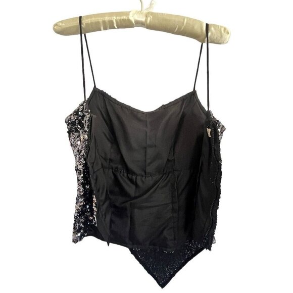 Vtg Y2K Cache Sequin Camisole Cami S Metallic Silk Asymmetrical Spaghetti Straps - Picture 11 of 15